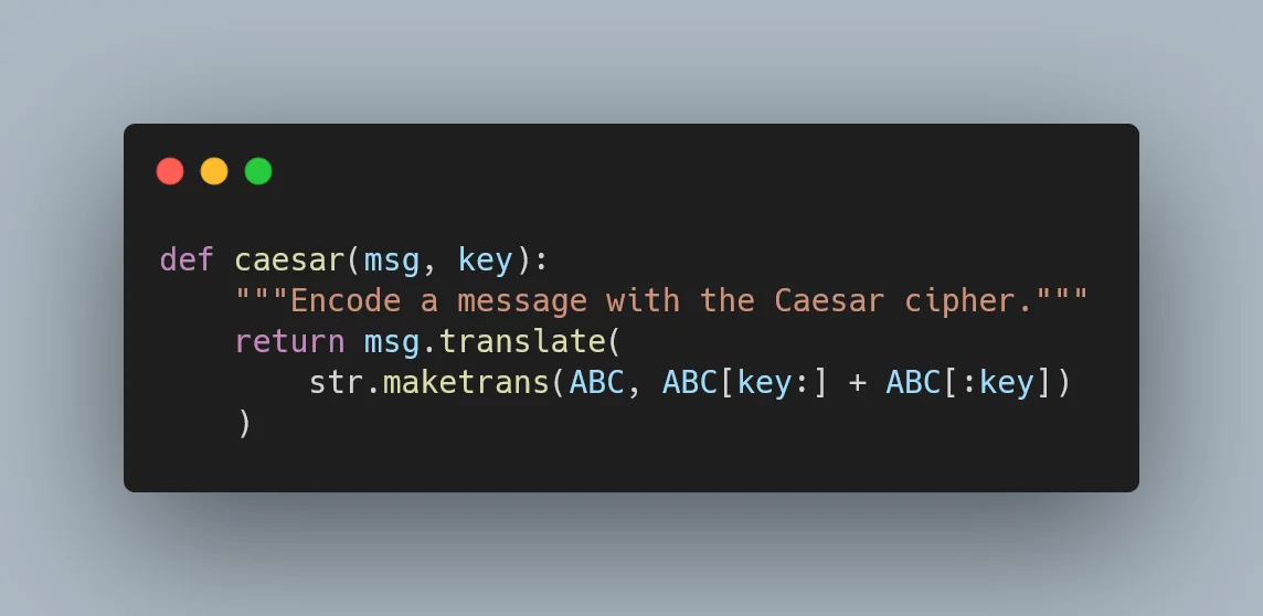 An implementation of the Caesar cipher making use of the string `maketrans` and `translate` methods.
