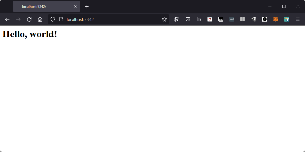 A Firefox tab showing a white background and the title “Hello, world!” in black.