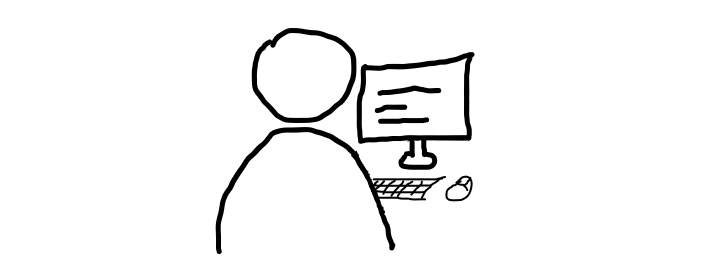 A black and white doodle of a person in front of a computer.