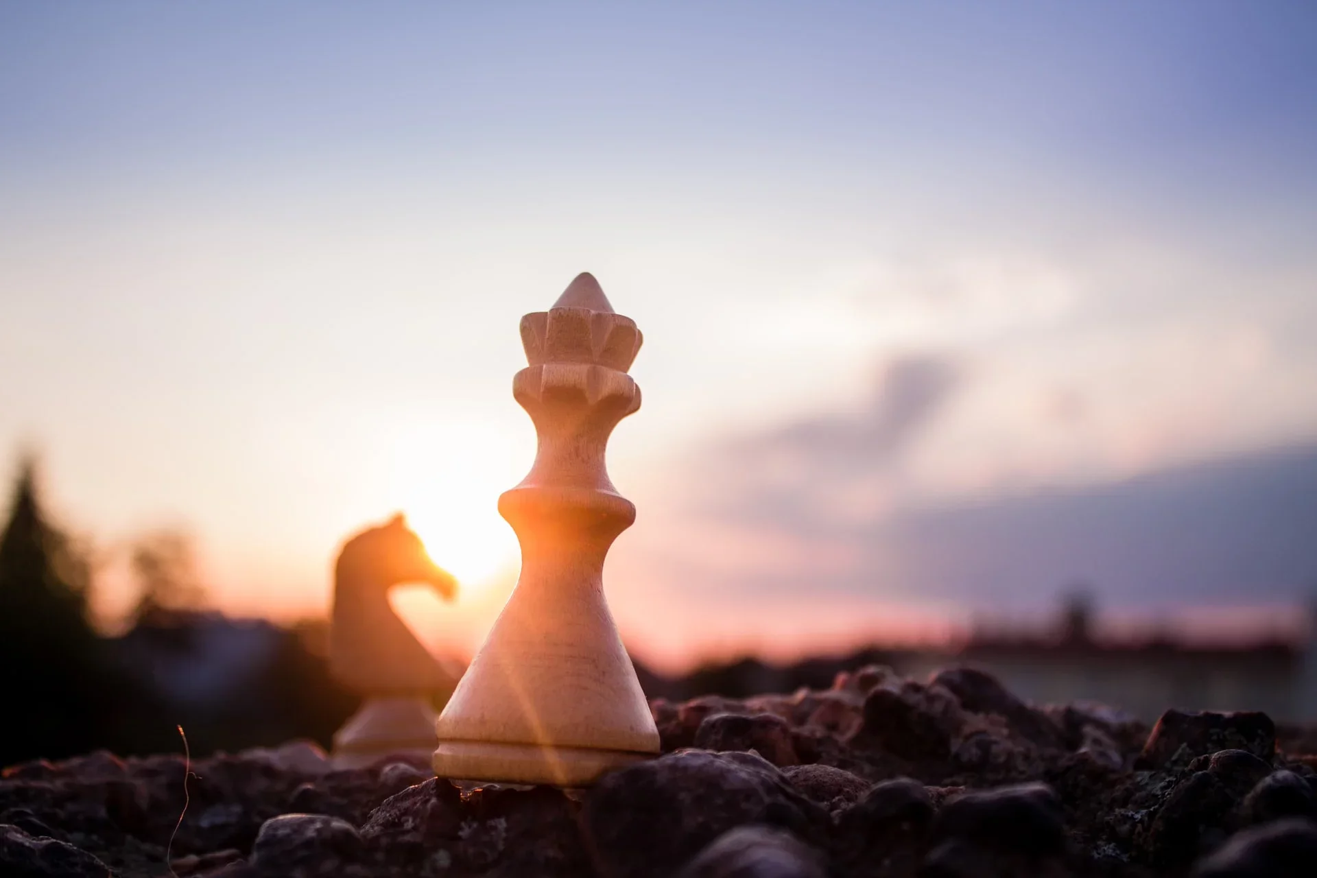 A white chess queen and black chess knight's silhouettes against the sun.