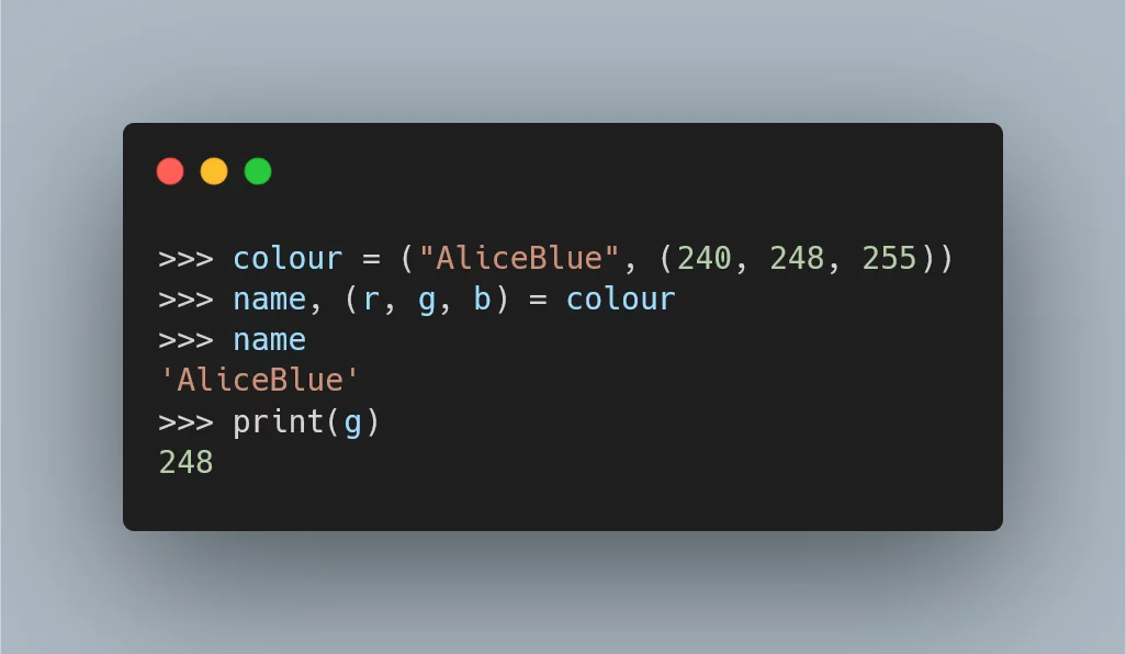 A Python code snippet showing deep unpacking.
