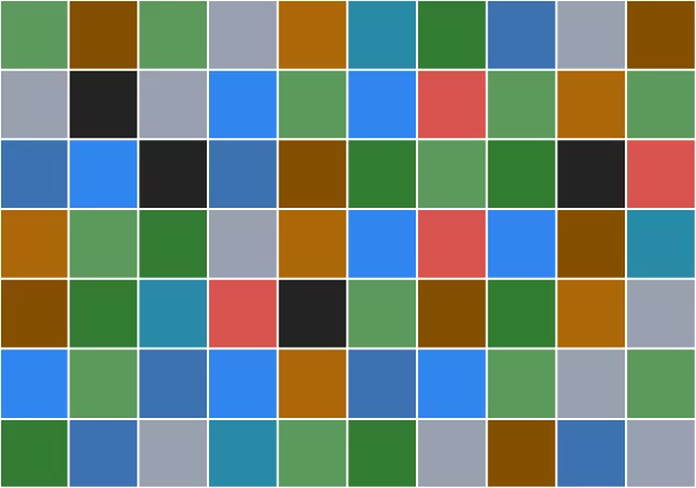 A $7 \times 10$ grid with small, coloured squares.