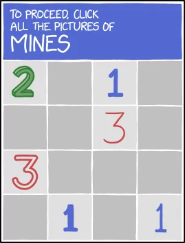 4 by 4 minesweeper grid containing, from left to right, top to bottom: 2, gray, 1, gray, gray, gray, 3, gray, 3, gray, gray, gray, gray, 1, gray, 1
