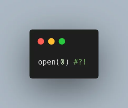 The code `open(0)  # ?!` in a good-looking thumbnail.