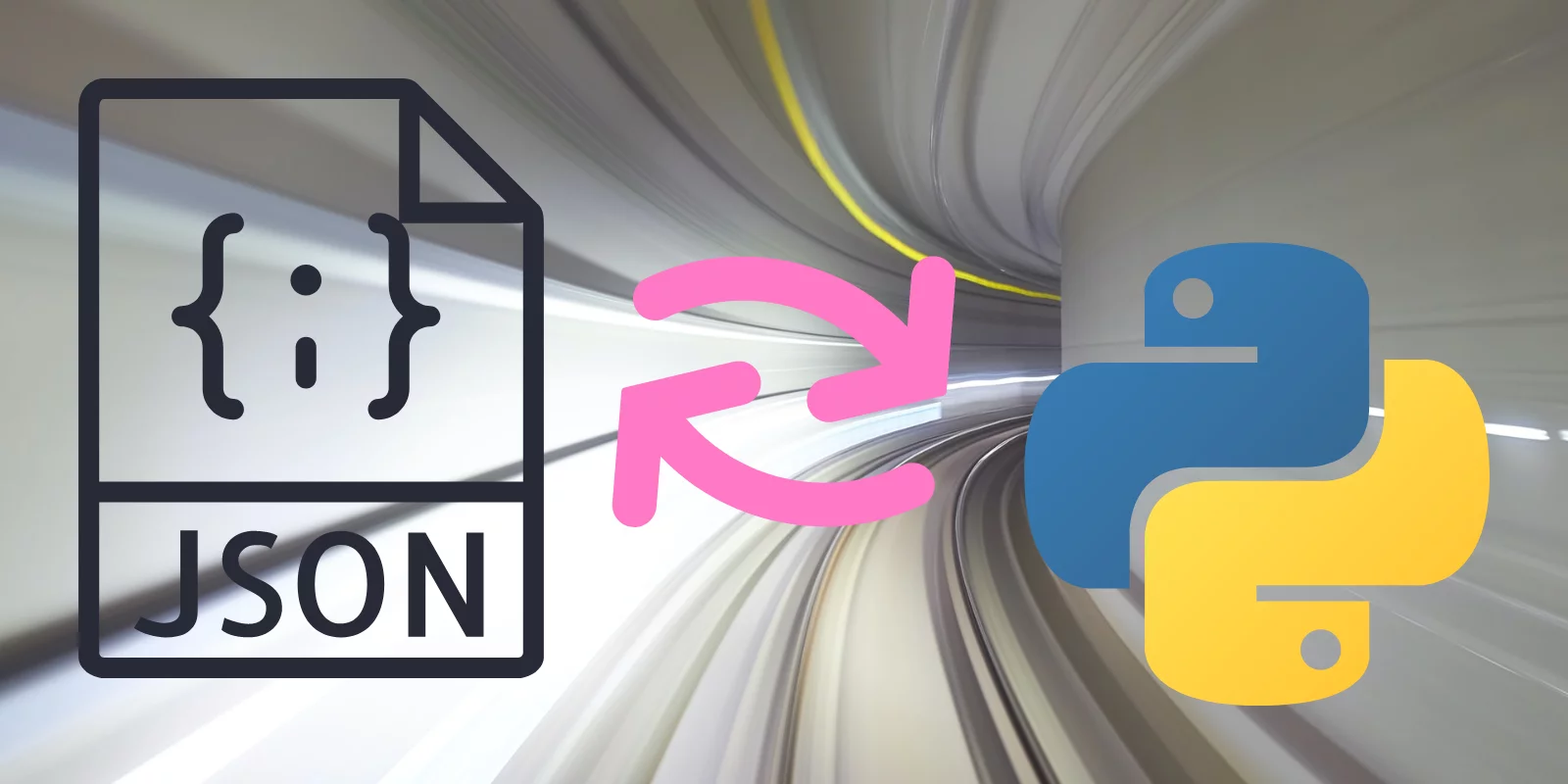 There is a blurry background that looks like a tunnel, but in front of that you can find the JSON and the Python logos, with two arrows pointing in each direction, giving a sense of interchangeability.
