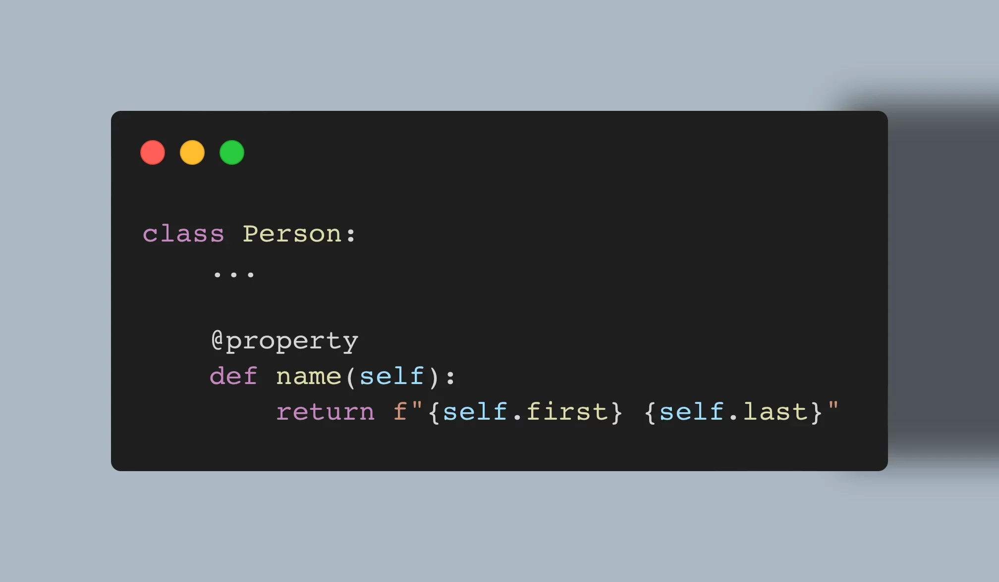 A code snippet with the definition of a Python class and a property called “name”.