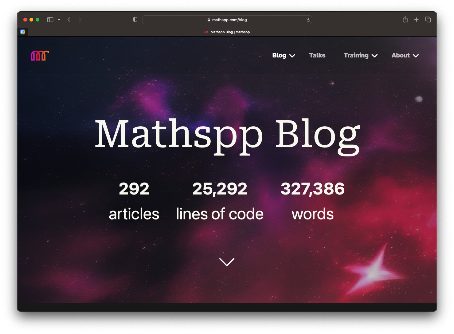 Screenshot of my blog page where it shows three stats – total number of articles, lines of code written, and words.