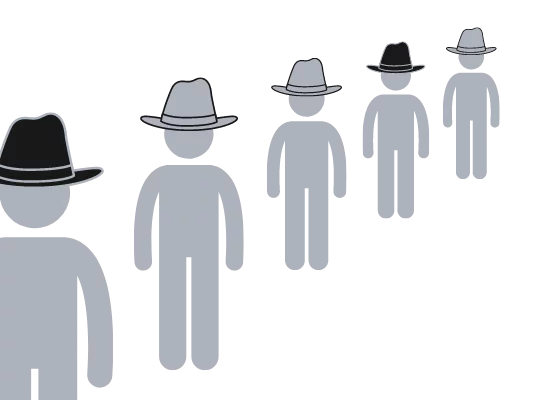 A picture with a couple of people in a line, with different-coloured hats