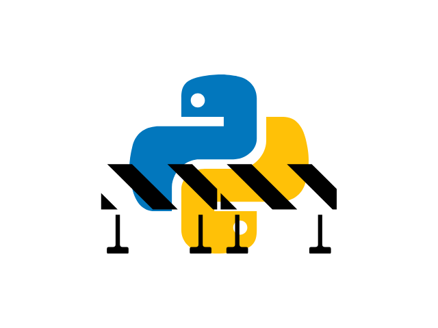 The Python logo with some construction work barriers in front of it.