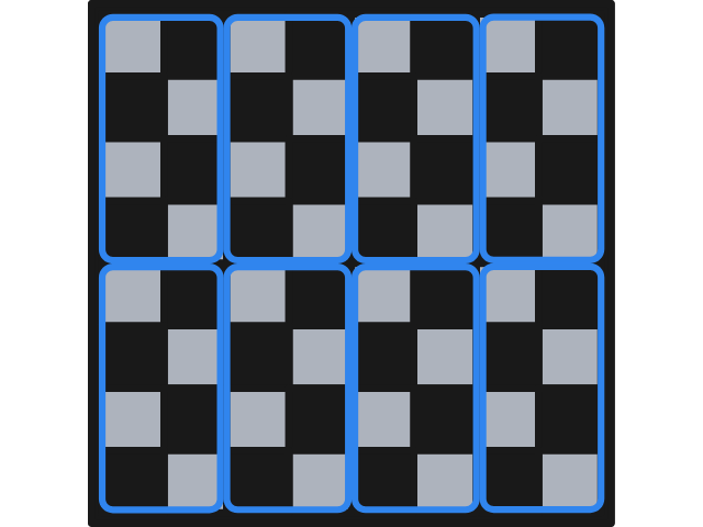 A chessboard divided into $8$ rectangles of dimensions $4 \times 2$.