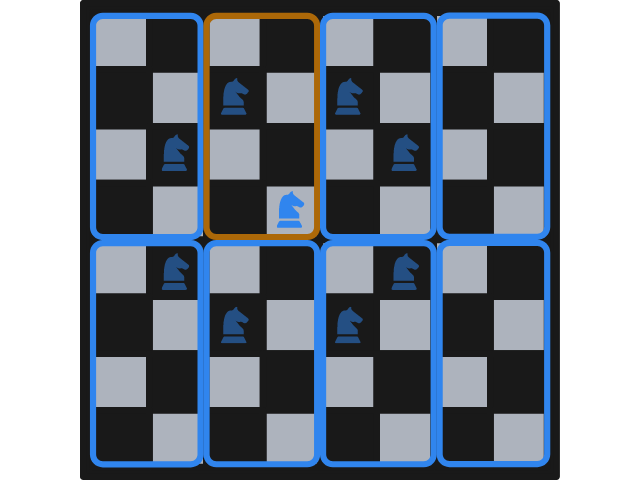 A chessboard with a knight in position d5 and the legal knight moves highlighted.