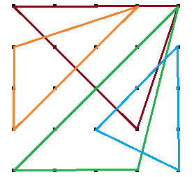 Solution with vertices ((0, 0), (3, 0), (4, 4)), ((2, 1), (4, 0), (4, 3)), ((0, 4), (3, 1), (4, 4)), ((0, 1), (0, 3), (3, 4))