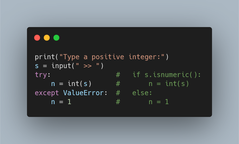A Python code snippet, using a `try` statement instead of an `if`.