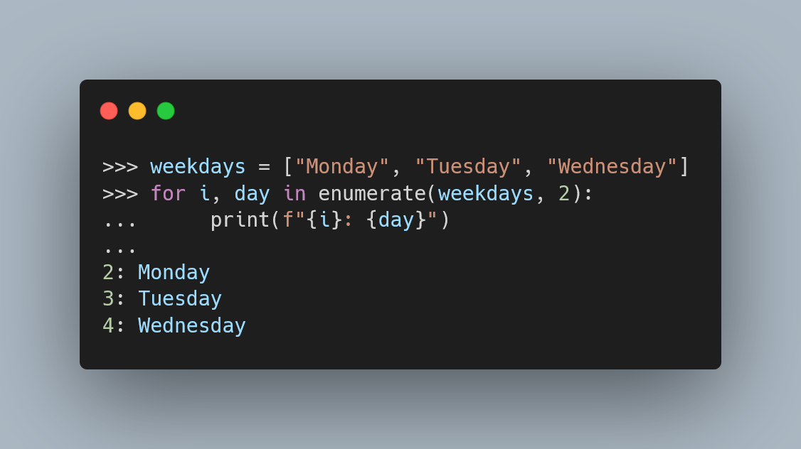 A Python code snippet showing a basic use of `enumerate`