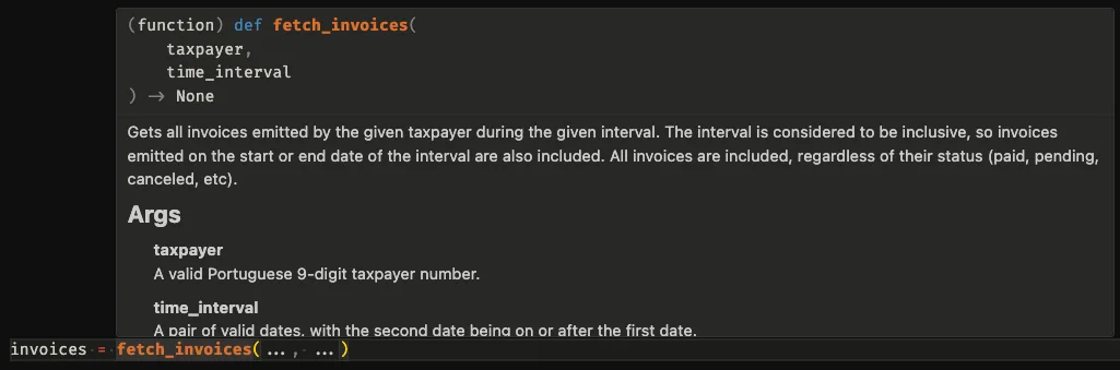 VS Code tooltip showing the docstring. Screenshot showing the tooltip that VS Code displays when I hover over the name of the function `fetch_receipts` at a call site.