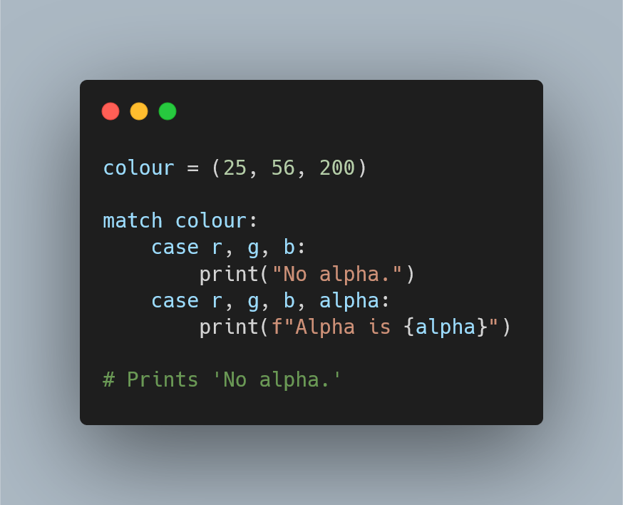 A Python code snippet showing structural pattern matching.