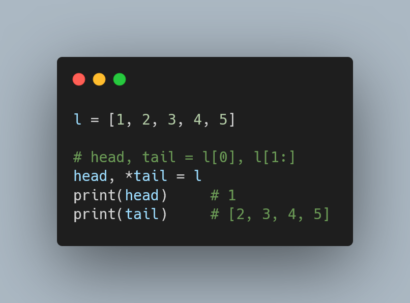 A Python code snippet unpacking a list with starred assignment.