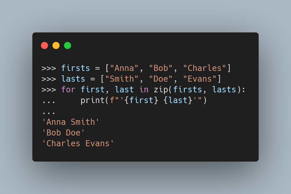 A Python code snippet showing a basic use of `zip`