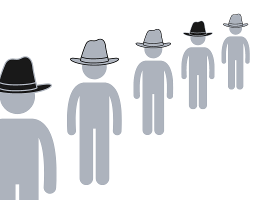 A picture with a couple of people in a line, with different-coloured hats