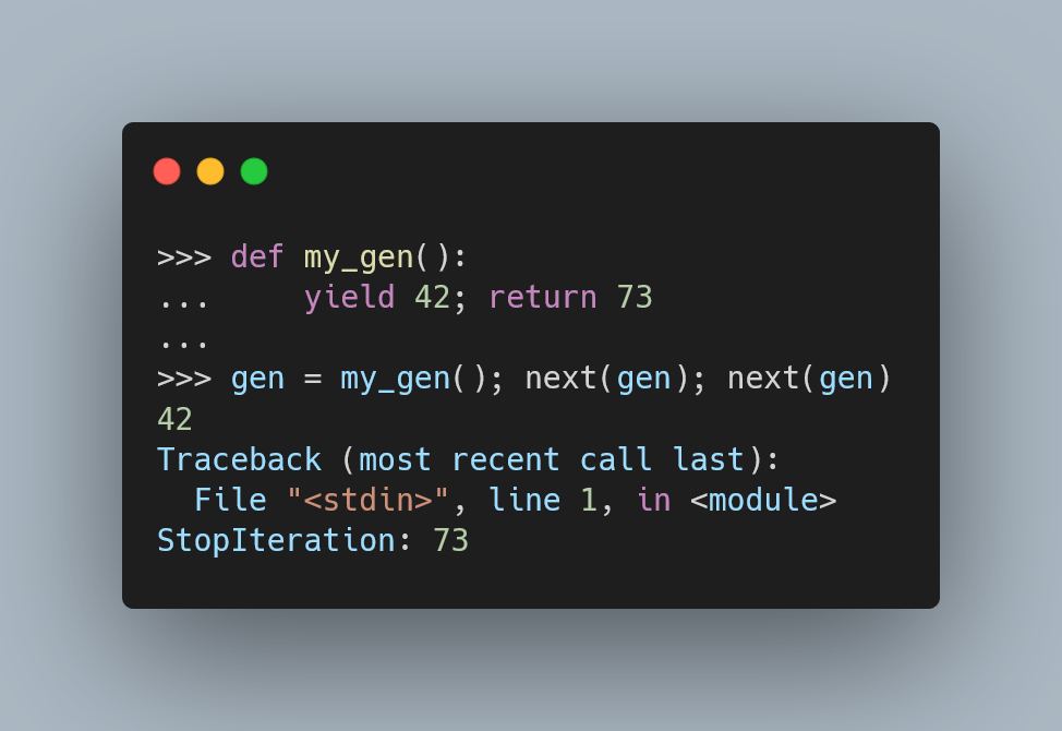 Code showing a generator that returns a value.