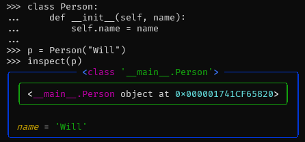 Inspecting an instance of a custom "Person" class that only contains a "name" attribute.