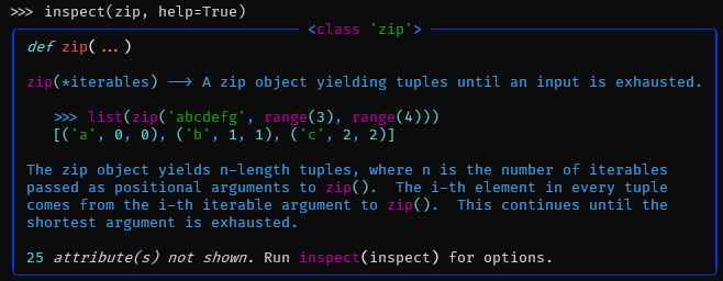 Inspecting the built-in `zip` and displaying its help text.
