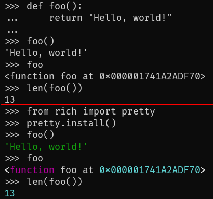 The session output before and after running `pretty.install()`; the first output is all white on black and the second output has syntax highlighting.