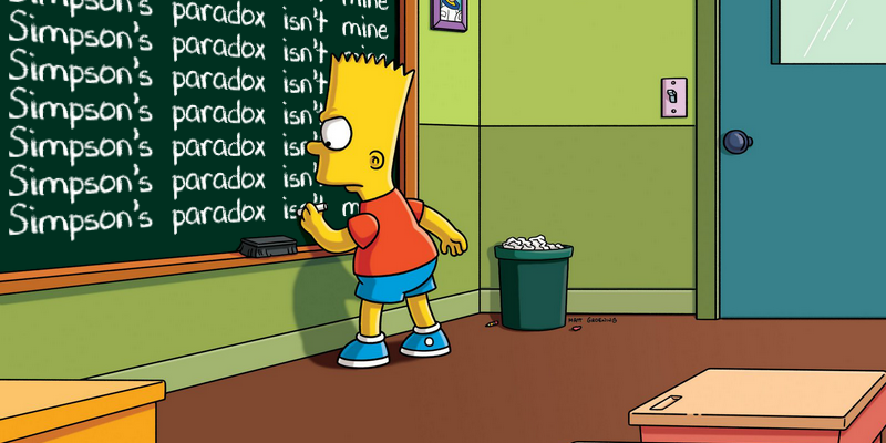 The Simpson's chalkboard gag with Bart Simpson writing “The Simpson's paradox isn't mine” repeatedly on a chalkboard.
