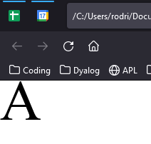 The browser rendering an SVG of the letter “A” in black on a white background