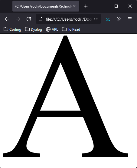 The browser rendering an SVG with the letter “A” in black on a white background