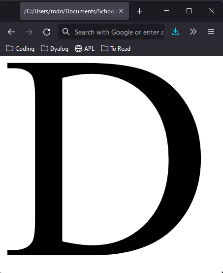 The browser rendering an SVG with the letter “D” in black on a white background