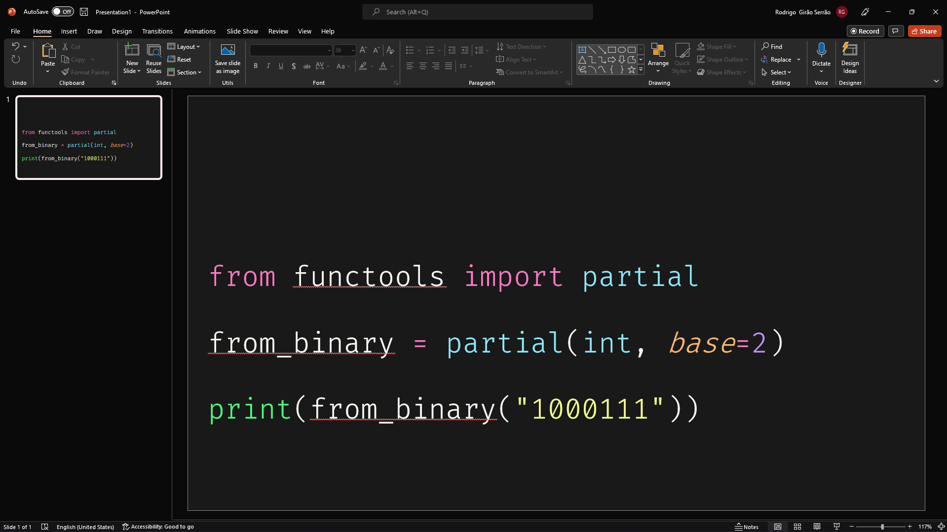 Code with syntax highlighting in Microsoft PowerPoint.