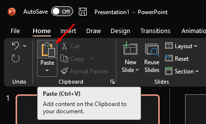 PowerPoint menu showing the “paste” button.