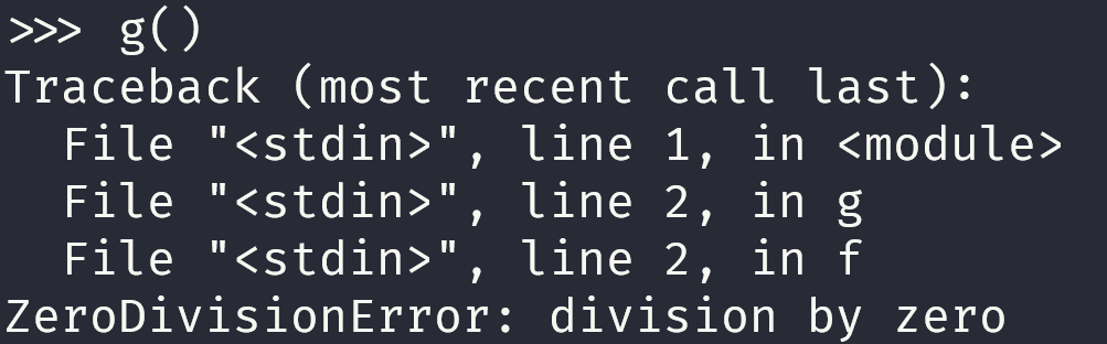 Screenshot of a plain `ZeroDivisionError` in a Python REPL, composed of 5 dense lines of mono-colour output that is difficult to read.