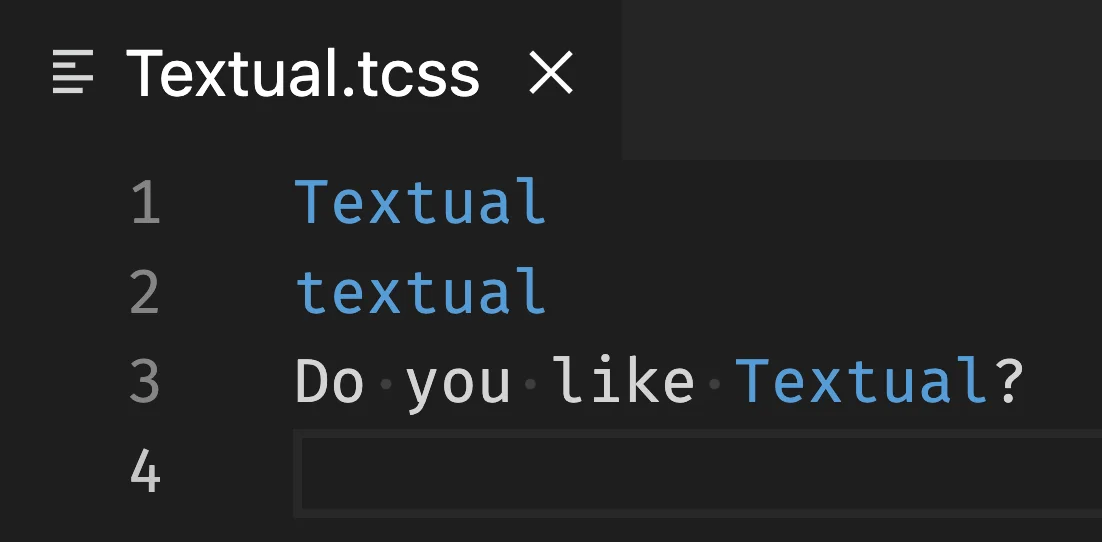 A screenshot of some source code with custom highlighting provided by a custom VS Code extension that will eventually do custom syntax highlighting of Textual CSS.