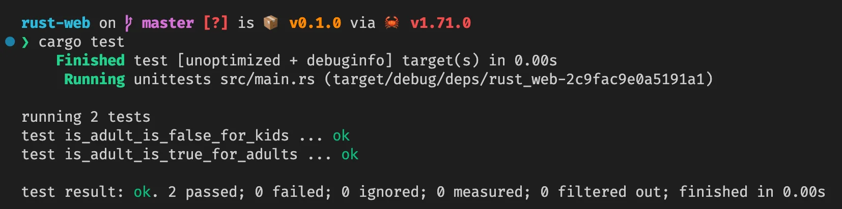 Command line output of running Rust tests with the command `cargo test`.