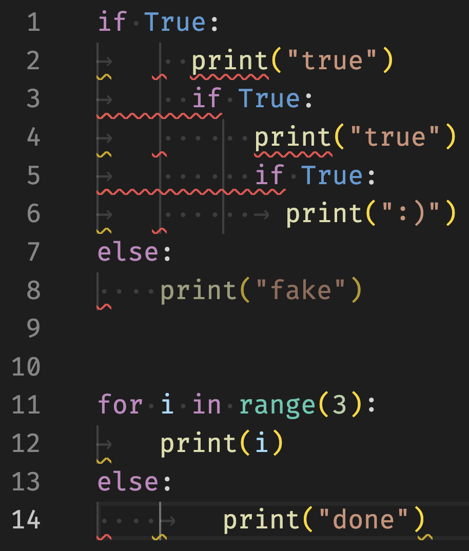 A screenshot of some Python code that uses spaces and tabs to indent the code in a terrible style.