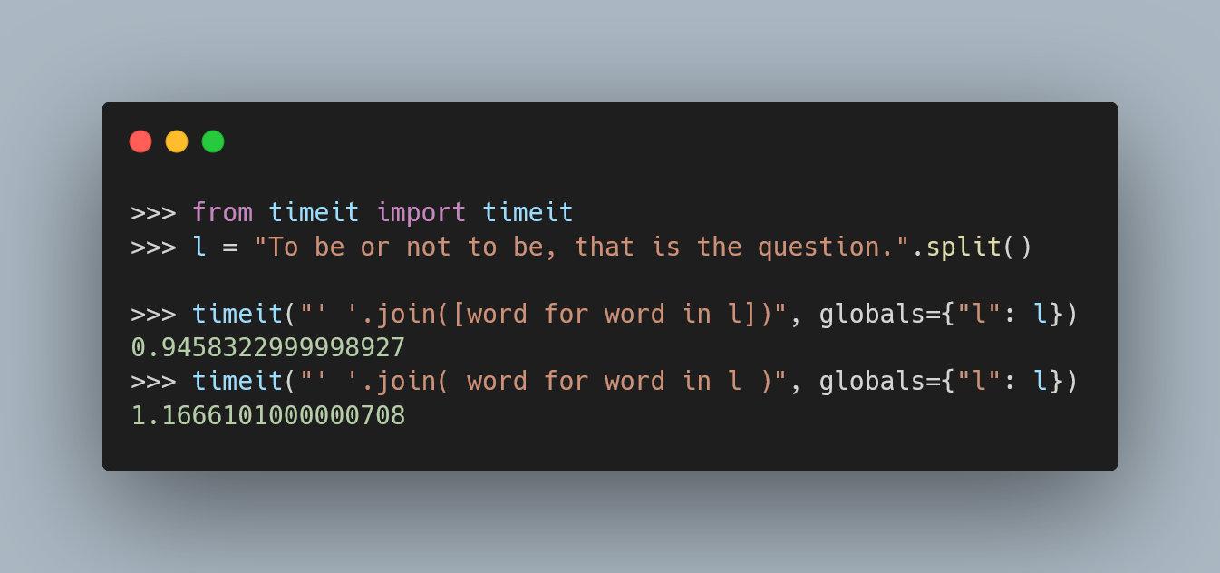 Code showing that joining list comprehensions is faster than joining generator expressions.