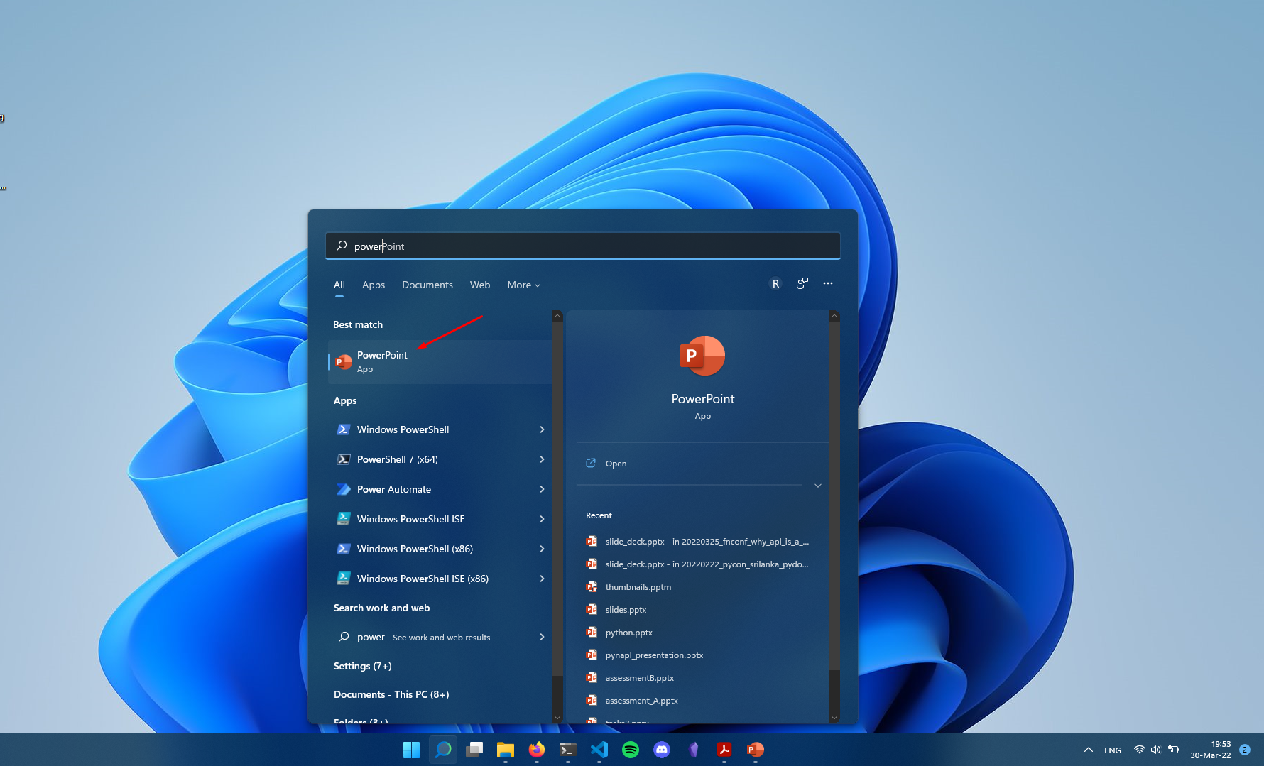 Windows search showing Microsoft PowerPoint as the first result.