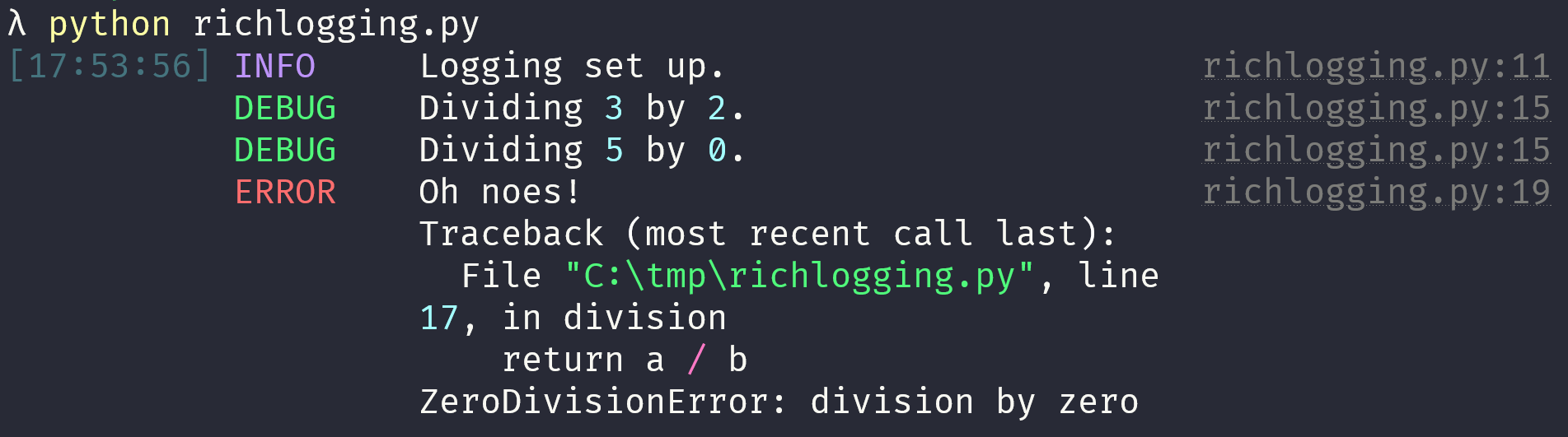 A terminal window with some beautiful coloured text on it. The text is clearly divided in four columns, although there are no explicit separators. On the leftmost column we can see timestamps. The second column contains the level of the logging, like “INFO”, “DEBUG”, or “ERROR”, in different colours. The third column contains the error messages and the fourth column contains filename/line information about where that logging comes from.