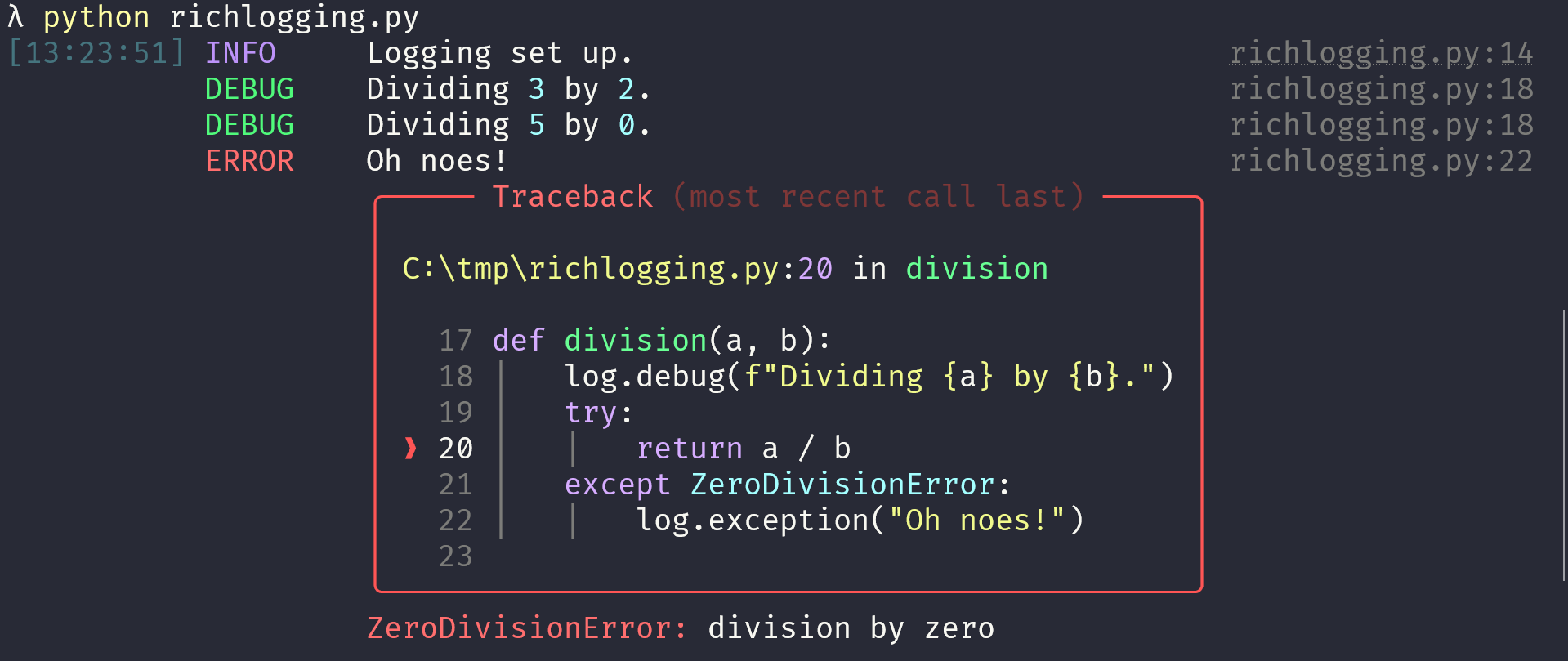 A terminal window with some beautiful coloured logging, plus a beautiful traceback included in the logging, by virtue of setting `rich_traceback=True` when creating the instance of the `RichHandler`.