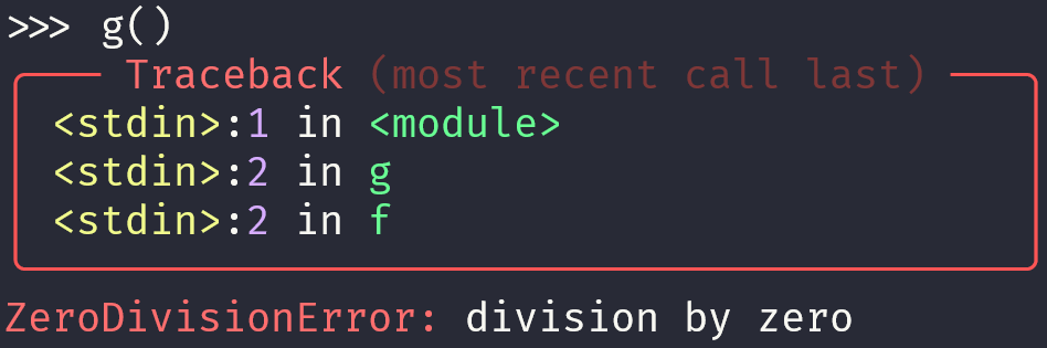 Screenshot of the same `ZeroDivisionError`, but this time the screenshot has helpful syntax colouring that makes it easier to read. The syntax colouring was done by `rich.traceback`.