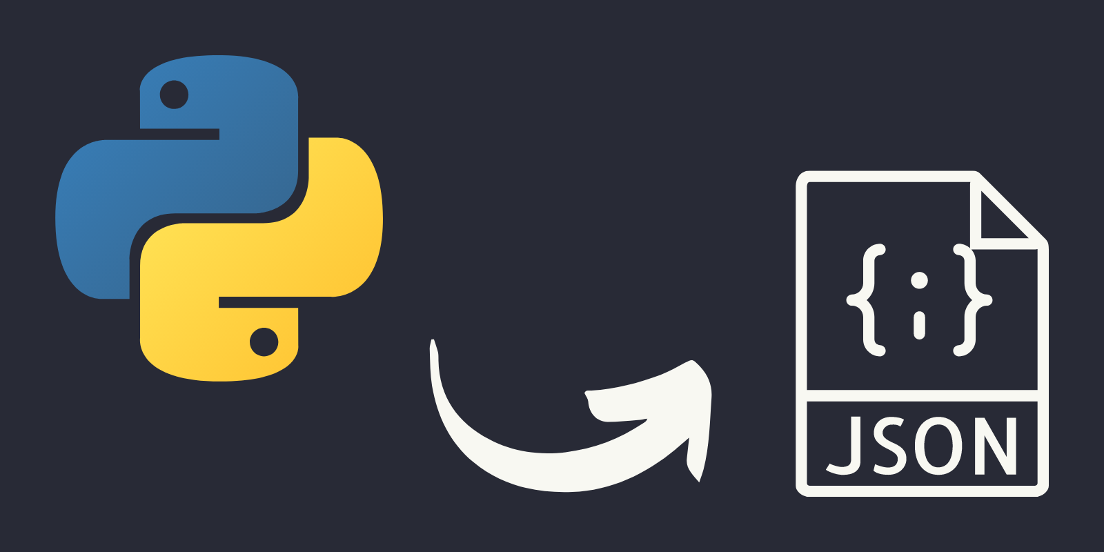 A solid background with an arrow going from the Python logo to a JSON logo.