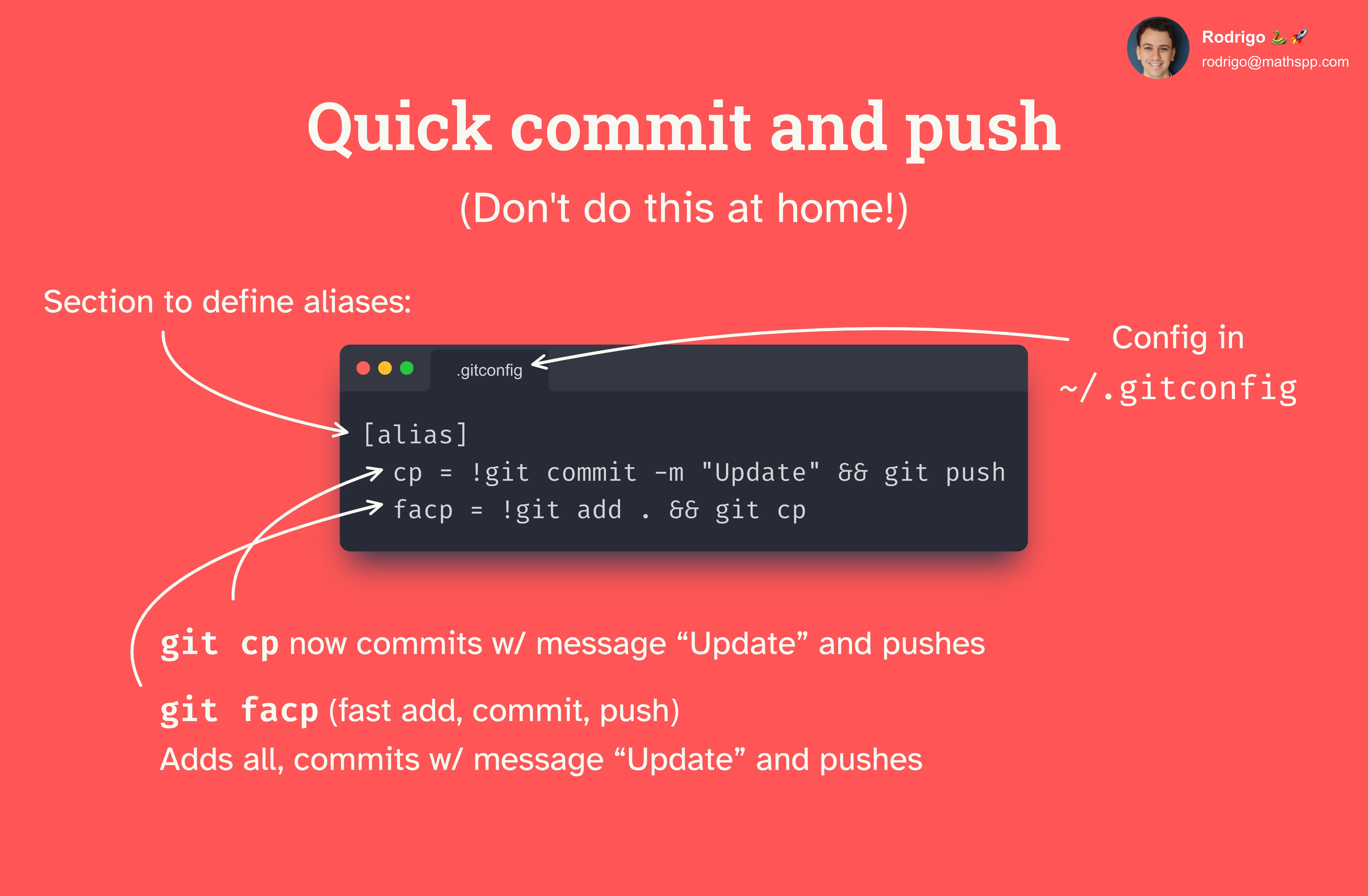 A diagram showing that a section `alias` can be added to the git configuration file `.gitconfig` in order to create command aliases.