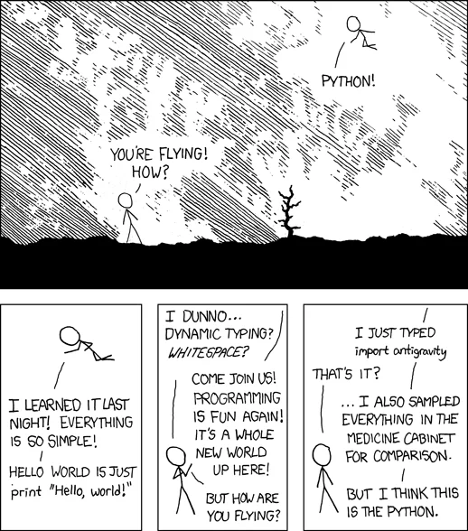 xkcd comic 353 about Python and the module antigravity. Find the comic at xkcd.com/353