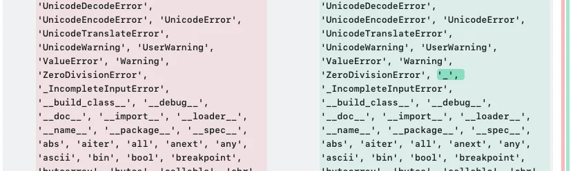 A screenshot of a text diff comparison where the text on the right shows that the name "_" is new.