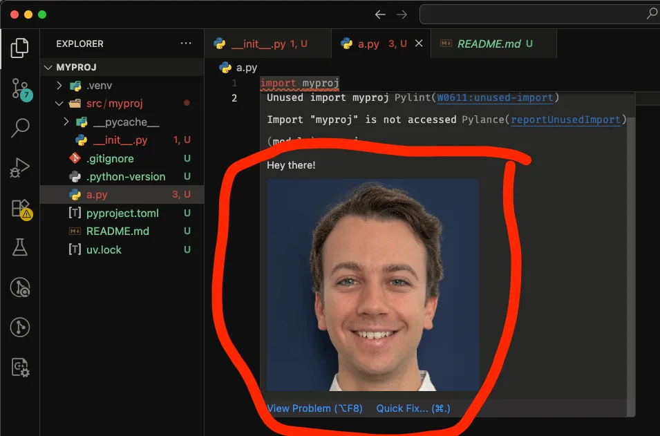 Screenshot of VS Code showing a tooltip with the documentation for the module myproj that shows a static picture of my face.