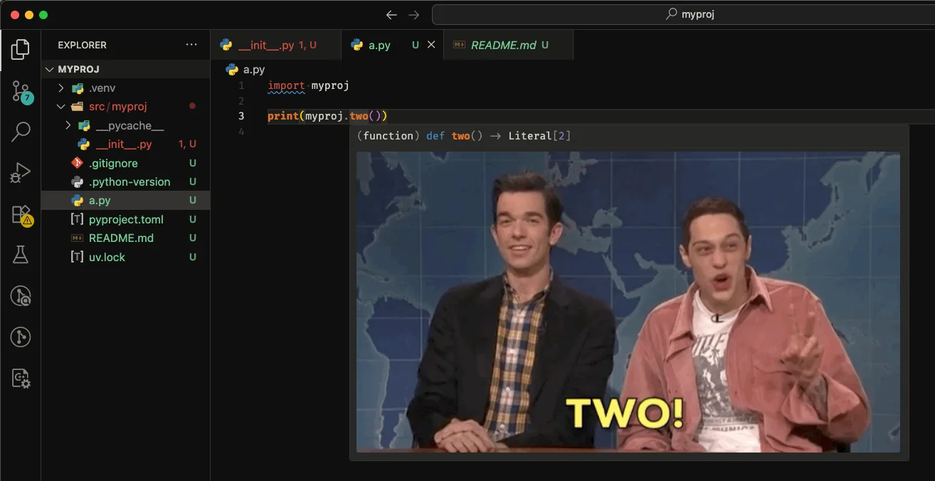 Screenshot of VS Code showing a tooltip with the documentation for the function myproj.two that includes a GIF of two celebreties, with the one on the right saying the word “two” while lifting their pointer and middle fingers in the typical gesture to represent the number two.