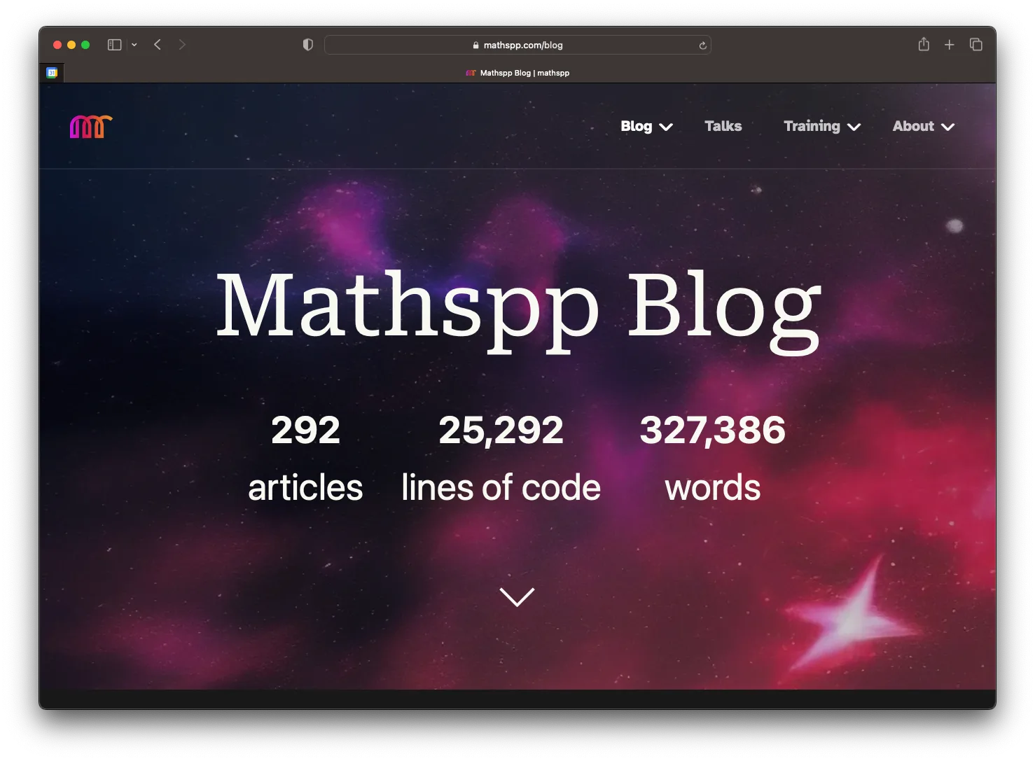 Screenshot of my blog page where it shows three stats – total number of articles, lines of code written, and words.