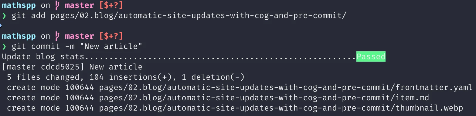 Screenshot showing the pre-commit hook updating the blog stats that got rewritten by cog.